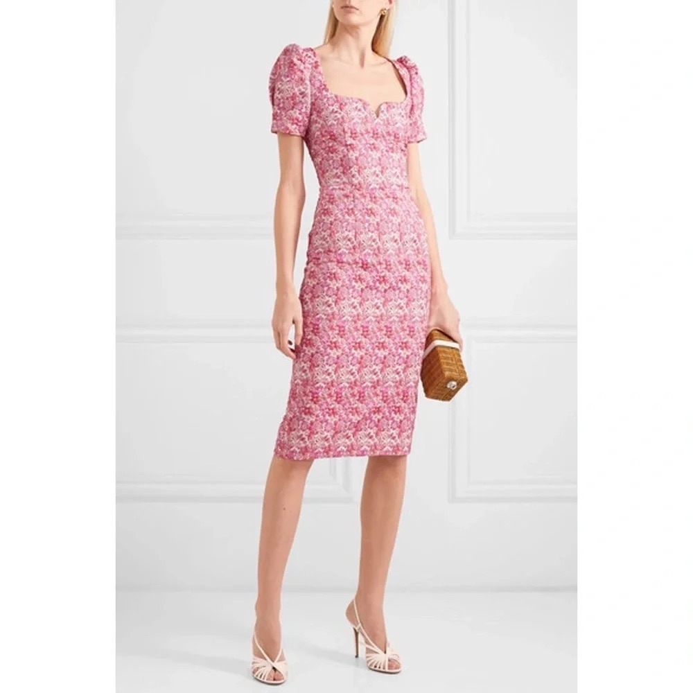 Rebecca Vallance Estelle Floral Brocade Dress Sz 2 Pink Puff Sleeve Sheath Chic‎